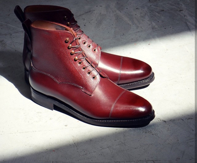 Handmade Men's Burgundy Cap Toe Leather Ankle Boots, Men Fashion Designer Boots
