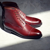 Handmade Men's Burgundy Cap Toe Leather Ankle Boots, Men Fashion Designer Boots - Thumbnail 4