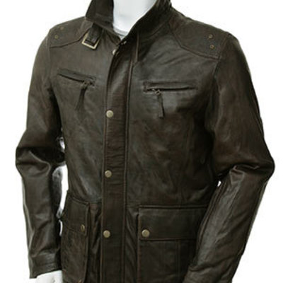 Black men biker jacket with front button closure belted collar leather pockets