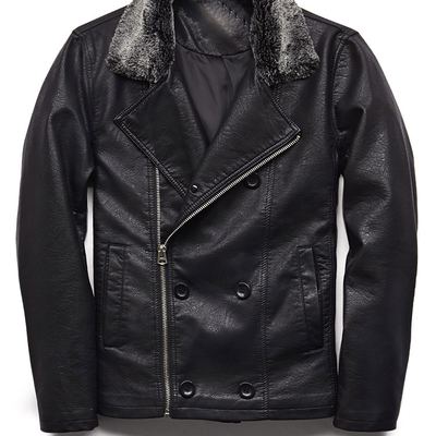 Handmade black men leather coat with shearling collar front buttons zip closure
