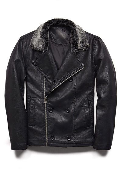 Handmade Black Men Leather Coat With Shearling Collar Front Buttons Zip Closure