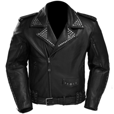Men black biker jacket silver studded belted waist real leather brando handmade