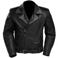 Men Black Biker Jacket Silver Studded Belted Waist Real Leather Brando Handmade - Thumbnail 1