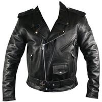 Black Leather Jacket Brando Biker Shoulder Epaulets Front Zipper Belted Waist - Thumbnail 4