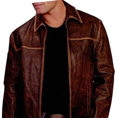 Men brown anitique sanded calf leather jacket with flap collar and front zipper