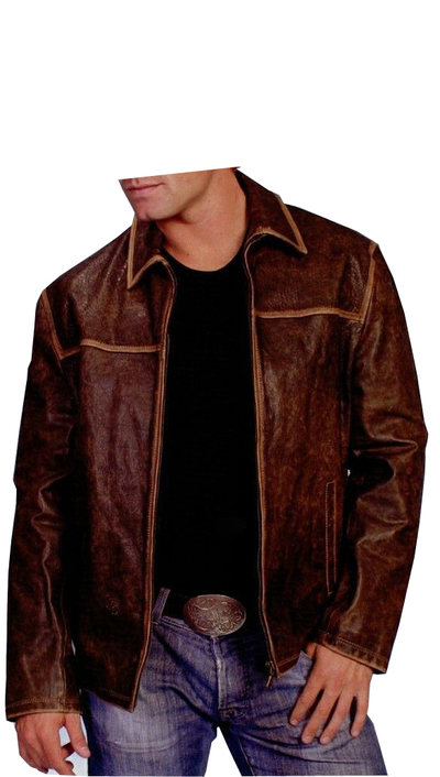 Men Brown Anitique Sanded Calf Leather Jacket With Flap Collar and Front Zipper