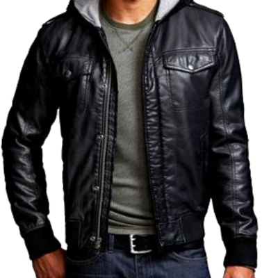 Black hooded jacket stretchable waist sleeves front buttons zipper men leather