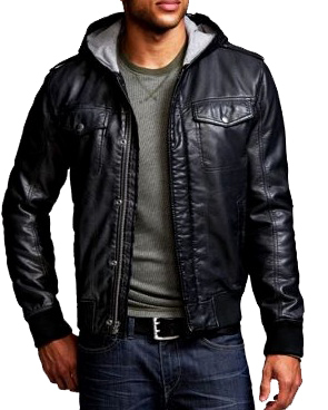 Black Hooded Jacket Stretchable Waist Sleeves Front Buttons Zipper Men Leather