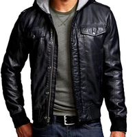 Black Hooded Jacket Stretchable Waist Sleeves Front Buttons Zipper Men Leather - Thumbnail 1