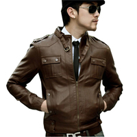 Unique Brown Leather Jacket With Belted Tab Collar Shoulder Epaulets Front Zip - Thumbnail 4