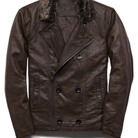 Chocolate Brown Men Leather Coat With Shearling Collar Front Buttons Zip Closure - Thumbnail 1