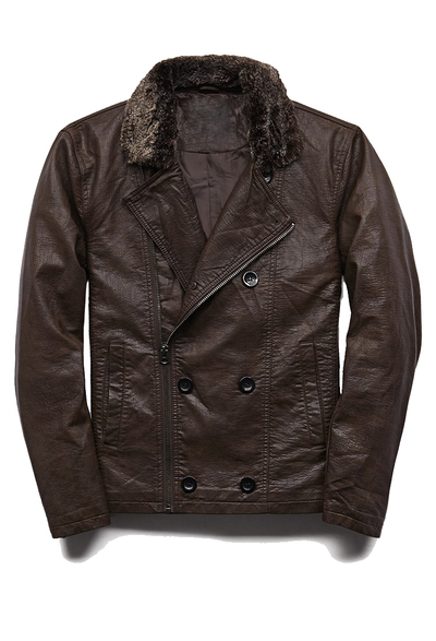 Chocolate Brown Men Leather Coat With Shearling Collar Front Buttons Zip Closure