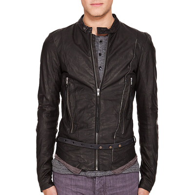 Black men biker jacket with tab collar belted waist front zipper real leather