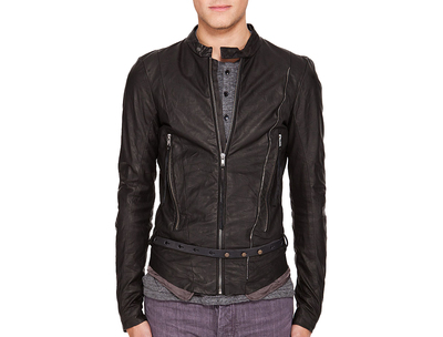 Black Men Biker Jacket With Tab Collar Belted Waist Front Zipper Real Leather