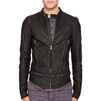 Black Men Biker Jacket With Tab Collar Belted Waist Front Zipper Real Leather - Thumbnail 4