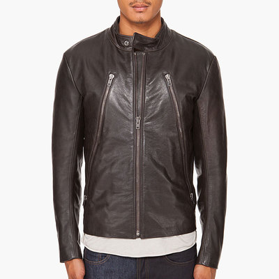 Handmade men brown biker leather jacket with button tab collar and front zipper