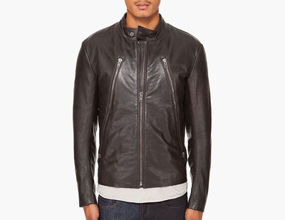 Handmade Men Brown Biker Leather Jacket With Button Tab Collar and Front Zipper