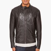 Handmade Men Brown Biker Leather Jacket With Button Tab Collar and Front Zipper - Thumbnail 1