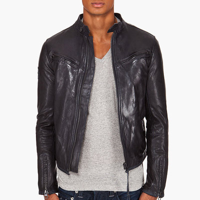 Customize men black biker leather jacket with button tab collar and front zipper