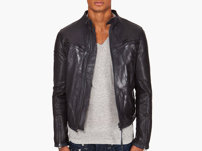 Customize Men Black Biker Leather Jacket With Button Tab Collar and Front Zipper