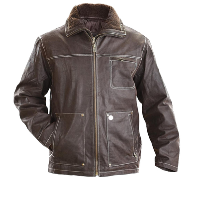 Brown Leather Biker Jacket With Fur Collar Pockets Front Zip Closure Handmade