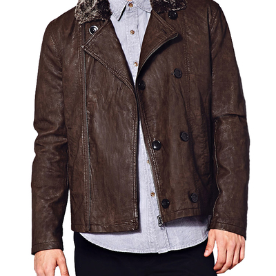 Brown leather jacket with shearling collar front buttons zip closure men fashion
