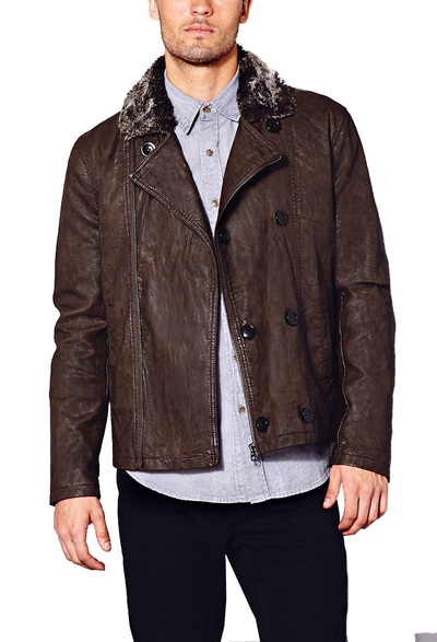 Brown Leather Jacket With Shearling Collar Front Buttons Zip Closure Men Fashion
