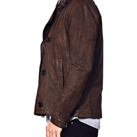 Brown Leather Jacket With Shearling Collar Front Buttons Zip Closure Men Fashion - Thumbnail 1