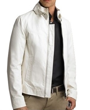 Luxury White Leather Jacket Men's Fashion With Belted Tab Collar Front Zipper
