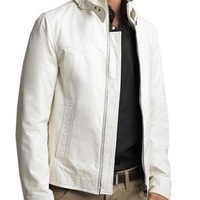 Luxury White Leather Jacket Men's Fashion With Belted Tab Collar Front Zipper - Thumbnail 4