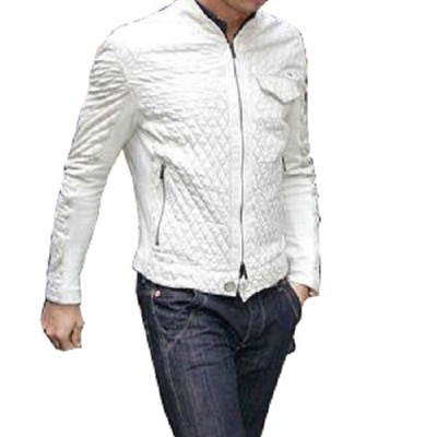 White men leather fashion jacket with full quilted zipper adjustable waist