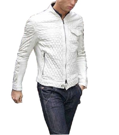 White Men Leather Fashion Jacket With Full Quilted Zipper Adjustable Waist
