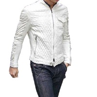 White Men Leather Fashion Jacket With Full Quilted Zipper Adjustable Waist - Thumbnail 1