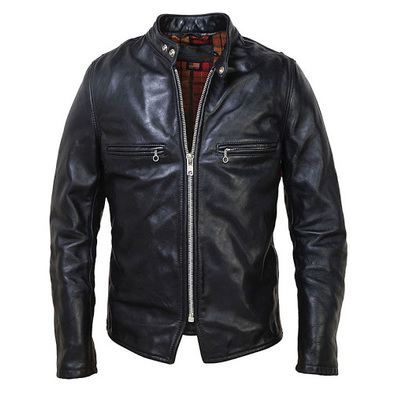 Black men's leather biker jacket with button tab collar and fastening zipper