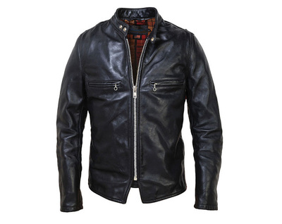 Black Men's Leather Biker Jacket With Button Tab Collar and Fastening Zipper