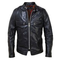 Black Men's Leather Biker Jacket With Button Tab Collar and Fastening Zipper - Thumbnail 1