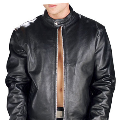 Magnificent men black leather biker jacket with tab collar and fastening zipper