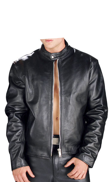 Magnificent Men Black Leather Biker Jacket With Tab Collar and Fastening Zipper