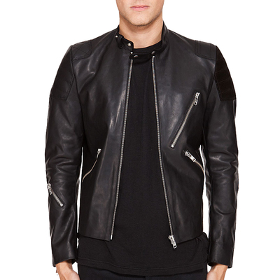 Men's black leather biker jacket with tab collar and front fastening zipper
