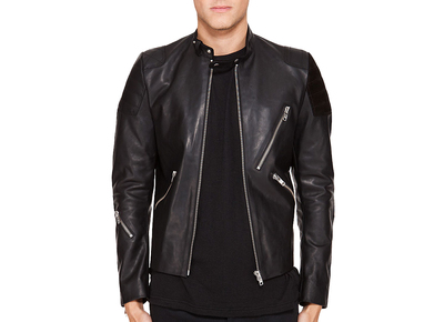 Men's Black Leather Biker Jacket With Tab Collar and Front Fastening Zipper