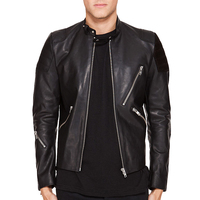 Men's Black Leather Biker Jacket With Tab Collar and Front Fastening Zipper - Thumbnail 1
