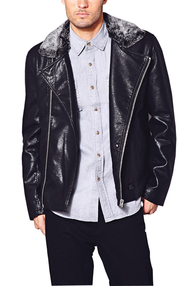 Blue Leather Jacket With Fur Collar Front Buttons Zip Closure Men's Fashionable