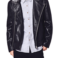 Blue Leather Jacket With Fur Collar Front Buttons Zip Closure Men's Fashionable - Thumbnail 1