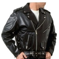 Men Black Leather Biker Jacket Brando Shoulder Epaulets Belted Waist Zip Closure - Thumbnail 4