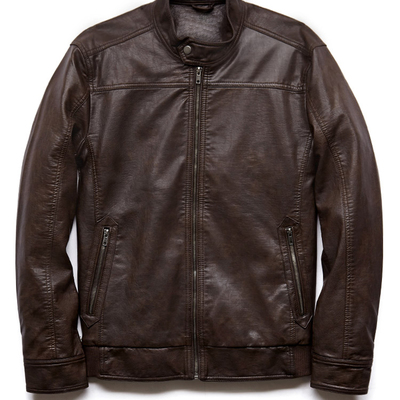 Made to order leather jacket men brown leather button tab collar front zipper