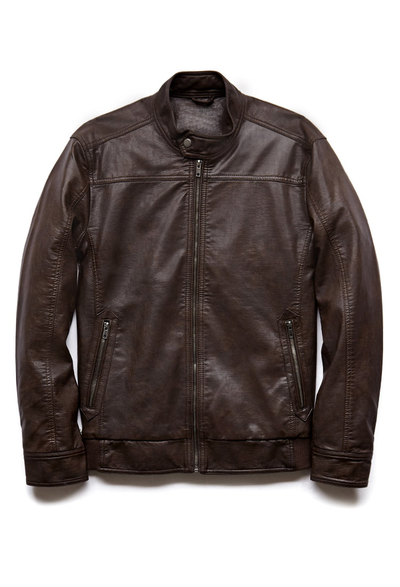 Made To Order Leather Jacket Men Brown Leather Button Tab Collar Front Zipper