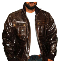 Men Brown Four Pockets Military Jacket With Real Leather Front Zipper Handmade - Thumbnail 1