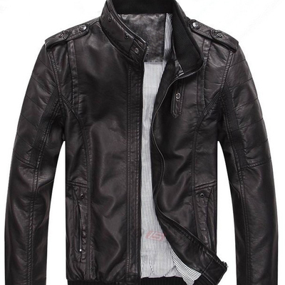 Black men biker leather jacket tab collar shoulder epaulets stretchable waist