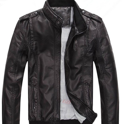 Black Men Biker Leather Jacket Tab Collar Shoulder Epaulets Stretchable Waist