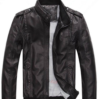 Black Men Biker Leather Jacket Tab Collar Shoulder Epaulets Stretchable Waist - Thumbnail 1